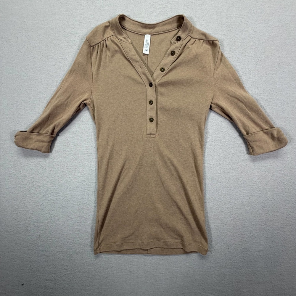 Tee Shop Henley Top Womens XS Good Tan 3/4 Sleeve Button Front Jersey Knit